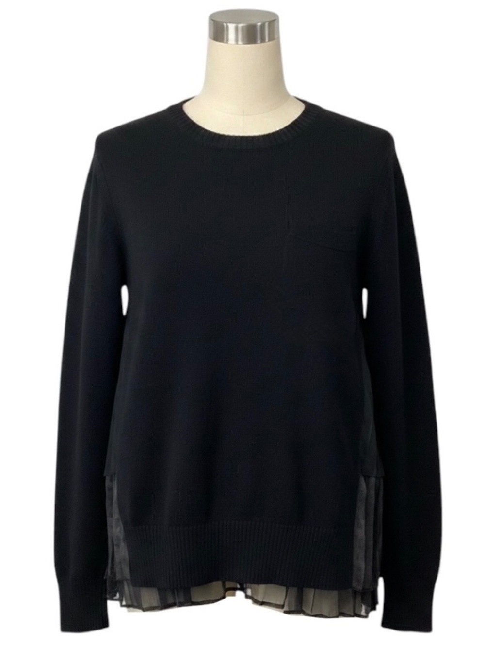 Sacai Black Wool Knit Pullover Sweater with Pleated Sheer Back